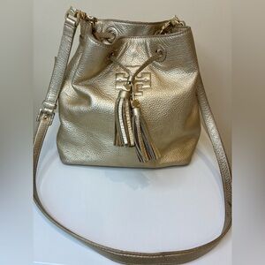 Tory Burch Thea Drawstring Bucket Bag Metallic Gold Leather With Tassels